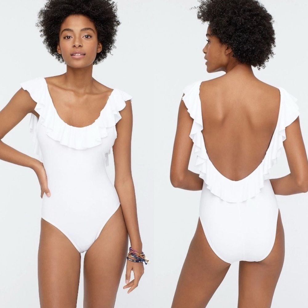 J. Crew Ruffle Scoopback Scoop Back One Piece Swimsuit White Sz 8 VERY Feminine